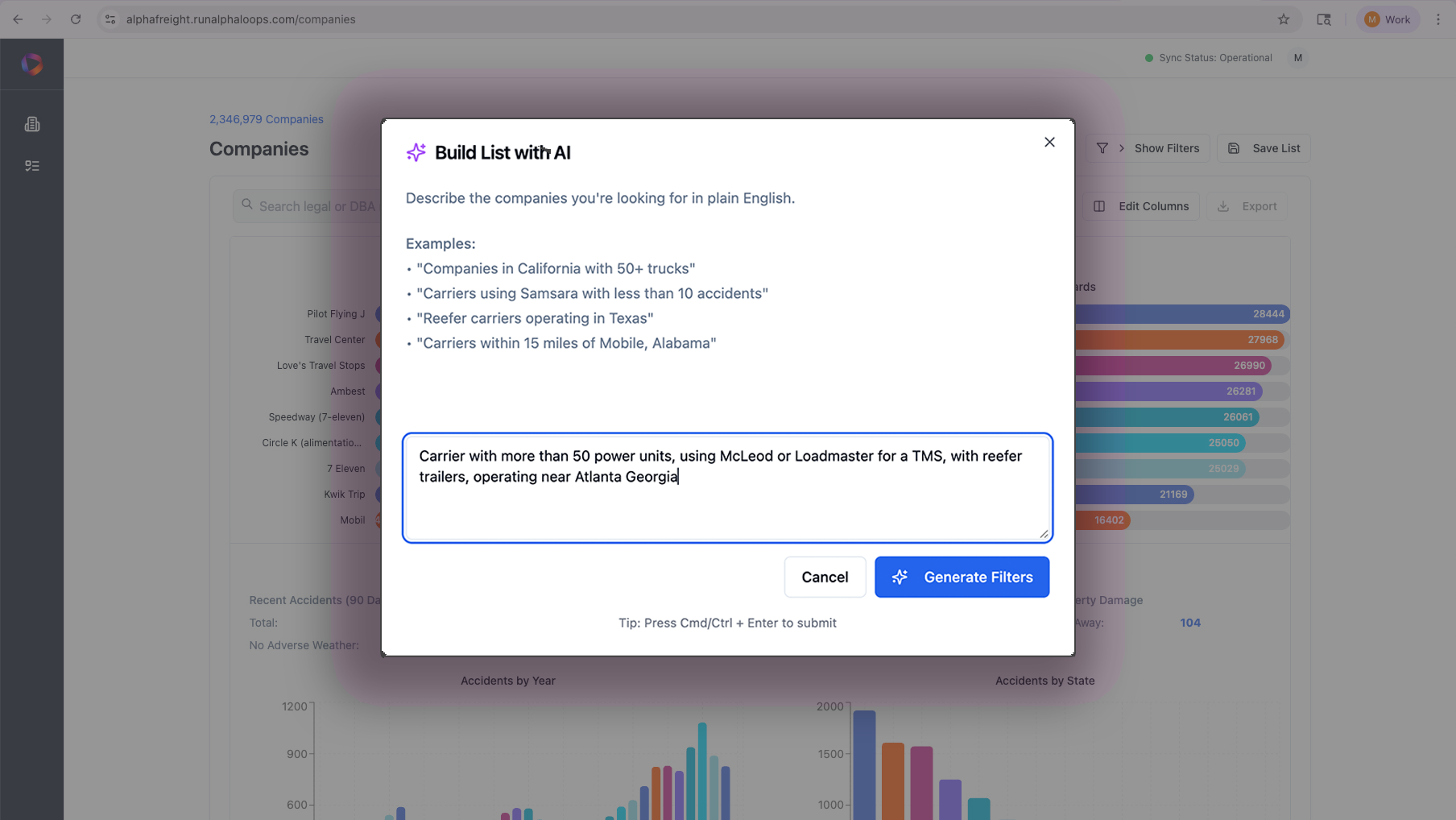 AlphaLoops carrier intelligence dashboard